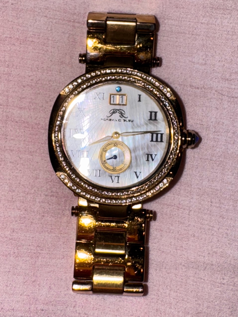 Porsamo Bleu Gold Tone Watch with Mother-of-Pearl Dial and Crystal Bezel